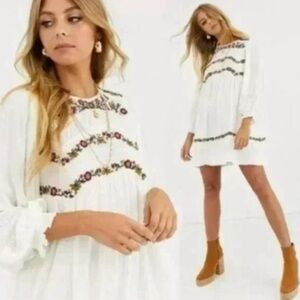Free People Pasadena bohemian gauzy white embroidered dress size small
